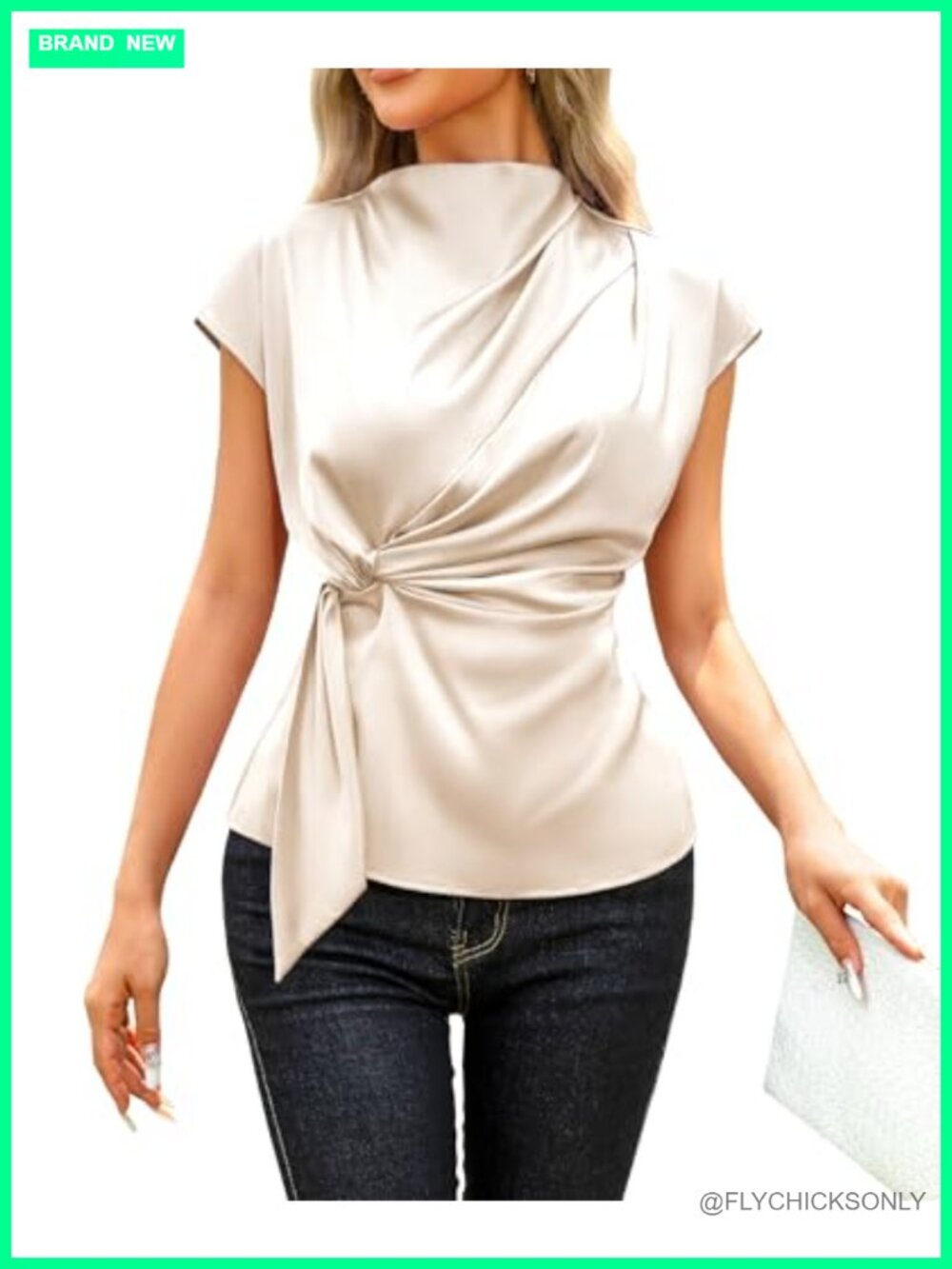 Silk Satin Blouse Mock Neck Cap Sleeve Ruched Tie Front Peplum Tunic Top